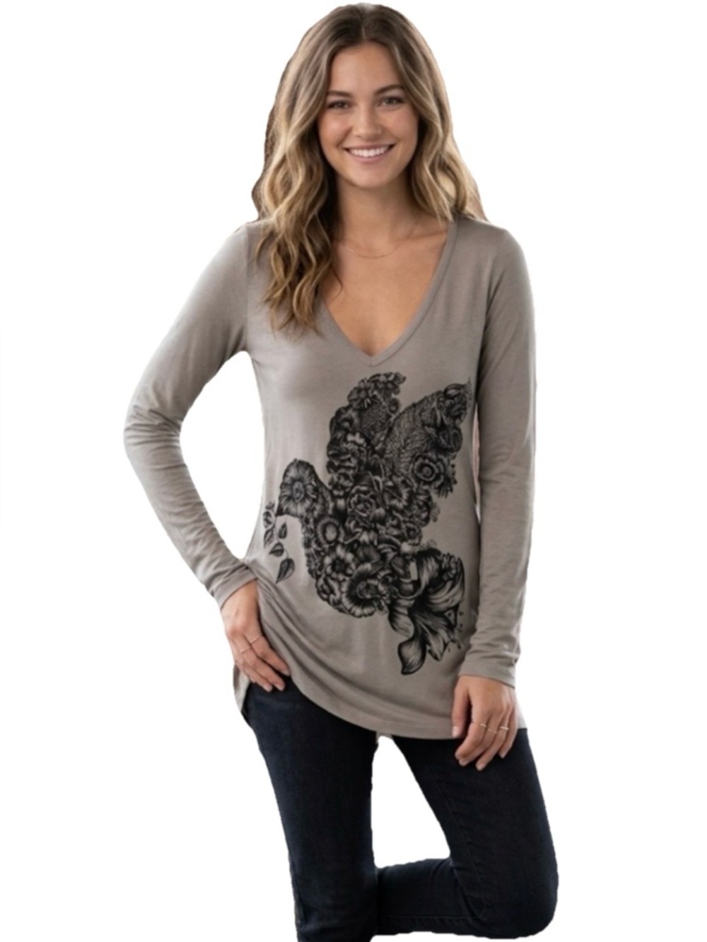 Lauren Moshi Flower Bird V-Neck Long Sleeve Women’s Gray Size Small